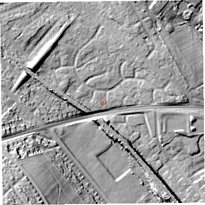 Shaded relief map of the ground around L163GR, computed from Environment Agency LiDAR. The ground here sits at about 27 m above sea level and falls 37 m across the surrounding 800 m. Surface water reaching this point runs off ground lying to the west-north-west, 11.2 m higher.