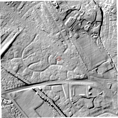 Shaded relief map of the ground around L163GS, computed from Environment Agency LiDAR. The ground here sits at about 28 m above sea level and falls 25 m across the surrounding 800 m. Surface water reaching this point runs off ground lying to the north-north-east, 2.1 m higher.