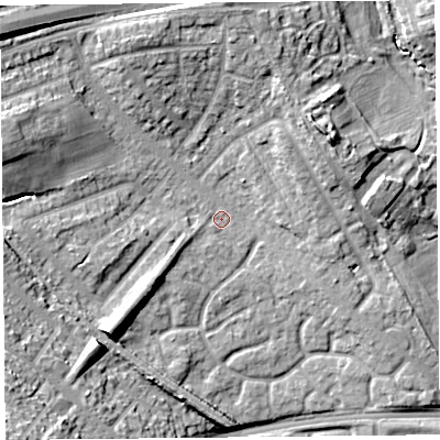 Shaded relief map of the ground around L163NW, computed from Environment Agency LiDAR. The ground here sits at about 28 m above sea level and falls 21 m across the surrounding 800 m. Surface water reaching this point runs off ground lying to the west-north-west, 10.9 m higher.