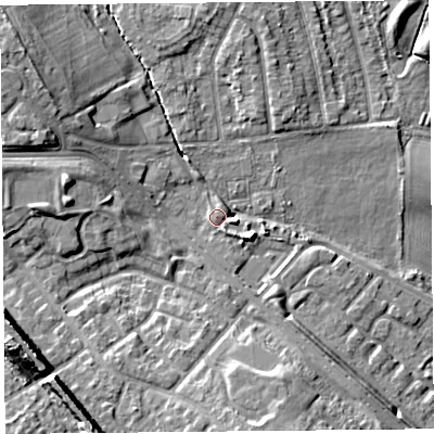 Shaded relief map of the ground around L163NY, computed from Environment Agency LiDAR. The ground here sits at about 22 m above sea level and falls 14 m across the surrounding 800 m. Surface water reaching this point runs off ground lying to the south-east, 1.3 m higher.