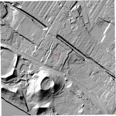 Shaded relief map of the ground around L177ET, computed from Environment Agency LiDAR. The ground here sits at about 20 m above sea level and falls 33 m across the surrounding 800 m. Surface water reaching this point runs off ground lying to the north, 3.3 m higher.