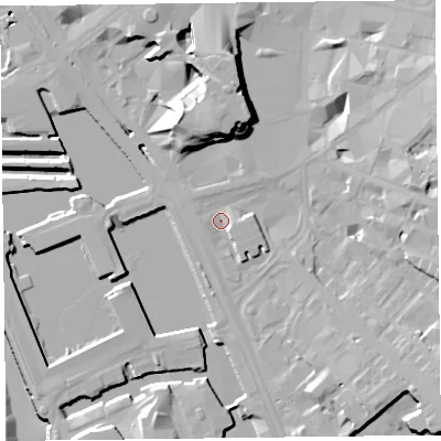 Shaded relief map of the ground around L18JX, computed from Environment Agency LiDAR. The ground here sits at about 7 m above sea level and falls 20 m across the surrounding 800 m. Surface water reaching this point runs off ground lying to the south-east, 3.0 m higher.