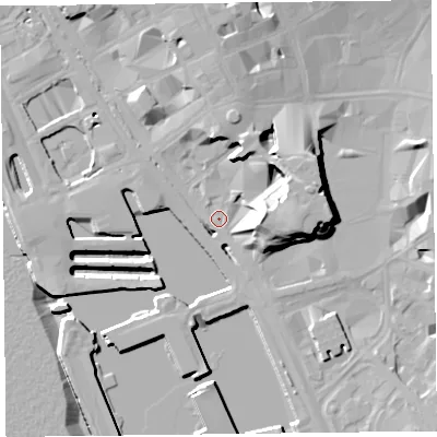 Shaded relief map of the ground around L18LT, computed from Environment Agency LiDAR. The ground here sits at about 7 m above sea level and falls 21 m across the surrounding 800 m. Surface water reaching this point runs off ground lying to the east-north-east, 11.6 m higher.