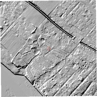 Shaded relief map of the ground around L190LD, computed from Environment Agency LiDAR. The ground here sits at about 18 m above sea level and falls 25 m across the surrounding 800 m. Surface water reaching this point runs off ground lying to the north-east, 2.2 m higher.