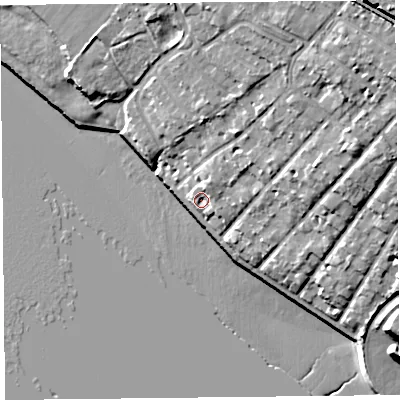 Shaded relief map of the ground around L190LL, computed from Environment Agency LiDAR. The ground here sits at about 10 m above sea level and falls 21 m across the surrounding 800 m. Surface water reaching this point runs off ground lying to the east-north-east, 6.1 m higher.