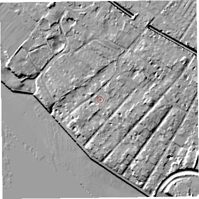Shaded relief map of the ground around L190LP, computed from Environment Agency LiDAR. The ground here sits at about 14 m above sea level and falls 23 m across the surrounding 800 m. Surface water reaching this point runs off ground lying to the north-east, 4.5 m higher.