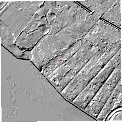 Shaded relief map of the ground around L190LR, computed from Environment Agency LiDAR. The ground here sits at about 13 m above sea level and falls 23 m across the surrounding 800 m. Surface water reaching this point runs off ground lying to the north-east, 8.6 m higher.
