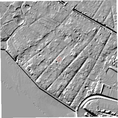 Shaded relief map of the ground around L190LS, computed from Environment Agency LiDAR. The ground here sits at about 16 m above sea level and falls 24 m across the surrounding 800 m. Surface water reaching this point runs off ground lying to the north-east, 6.2 m higher.