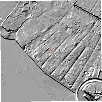 Shaded relief map of the ground around L190LT, computed from Environment Agency LiDAR. The ground here sits at about 14 m above sea level and falls 23 m across the surrounding 800 m. Surface water reaching this point runs off ground lying to the north-east, 8.0 m higher.