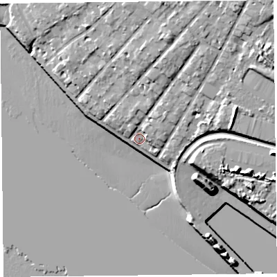 Shaded relief map of the ground around L190PP, computed from Environment Agency LiDAR. The ground here sits at about 9 m above sea level and falls 21 m across the surrounding 800 m. Surface water reaching this point runs off ground lying to the north-north-east, 10.4 m higher.