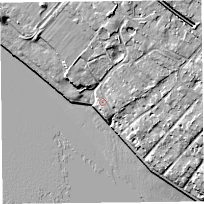 Shaded relief map of the ground around L190PX, computed from Environment Agency LiDAR. The ground here sits at about 11 m above sea level and falls 21 m across the surrounding 800 m. Surface water reaching this point runs off ground lying to the east-north-east, 2.9 m higher.