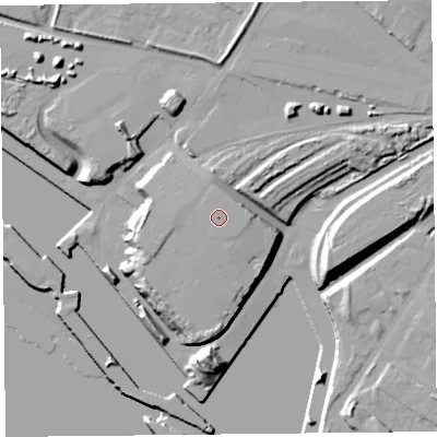 Shaded relief map of the ground around L192JR, computed from Environment Agency LiDAR. The ground here sits at about 18 m above sea level and falls 22 m across the surrounding 800 m. The ground contributing surface water to this point lies to the south.