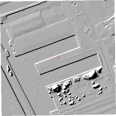 Shaded relief map of the ground around L201BA, computed from Environment Agency LiDAR. The ground here sits at about 7 m above sea level and falls 30 m across the surrounding 800 m. Surface water reaching this point runs off ground lying to the east-north-east, 3.5 m higher.