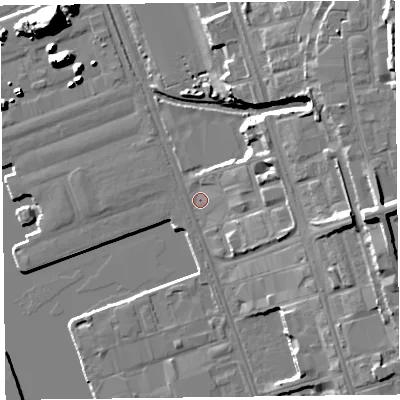Shaded relief map of the ground around L201BL, computed from Environment Agency LiDAR. The ground here sits at about 8 m above sea level and falls 18 m across the surrounding 800 m. Surface water reaching this point runs off ground lying to the east-north-east, 7.2 m higher.