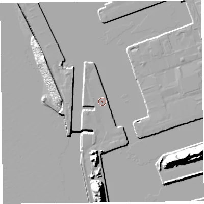 Shaded relief map of the ground around L201BY, computed from Environment Agency LiDAR. The ground here sits at about 7 m above sea level and falls 36 m across the surrounding 800 m. Surface water reaching this point runs off ground lying to the south, 15.3 m higher.