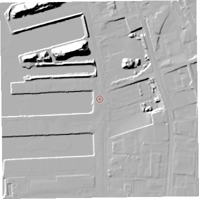 Shaded relief map of the ground around L201DE, computed from Environment Agency LiDAR. The ground here sits at about 7 m above sea level and falls 29 m across the surrounding 800 m. The ground contributing surface water to this point lies to the south.