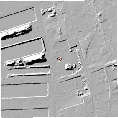 Shaded relief map of the ground around L208DF, computed from Environment Agency LiDAR. The ground here sits at about 7 m above sea level and falls 31 m across the surrounding 800 m. Surface water reaching this point runs off ground lying to the north-east, 15.6 m higher.