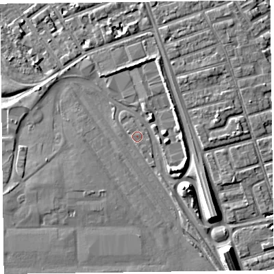Shaded relief map of the ground around L211JD, computed from Environment Agency LiDAR. The ground here sits at about 10 m above sea level and falls 10 m across the surrounding 800 m. Surface water reaching this point runs off ground lying to the north-north-east, 1.0 m higher.