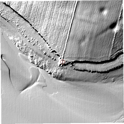 Shaded relief map of the ground around L244AZ, computed from Environment Agency LiDAR. The ground here sits at about 9 m above sea level and falls 21 m across the surrounding 800 m. Surface water reaching this point runs off ground lying to the north-north-east, 13.6 m higher.