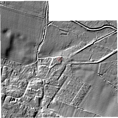 Shaded relief map of the ground around L244BX, computed from Environment Agency LiDAR. The ground here sits at about 8 m above sea level and falls 13 m across the surrounding 800 m. Surface water reaching this point runs off ground lying to the south-south-west, 1.1 m higher.