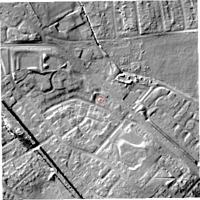Shaded relief map of the ground around L251AD, computed from Environment Agency LiDAR. The ground here sits at about 23 m above sea level and falls 15 m across the surrounding 800 m. Surface water reaching this point runs off ground lying to the south-west, 10.4 m higher.