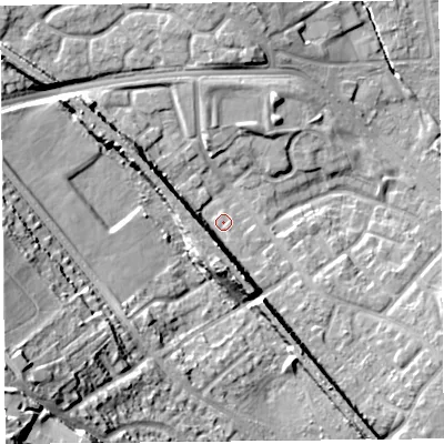 Shaded relief map of the ground around L251JA, computed from Environment Agency LiDAR. The ground here sits at about 24 m above sea level and falls 39 m across the surrounding 800 m. Surface water reaching this point runs off ground lying to the south, 7.1 m higher.