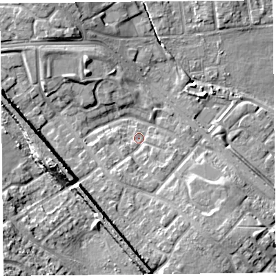 Shaded relief map of the ground around L251PU, computed from Environment Agency LiDAR. The ground here sits at about 23 m above sea level and falls 22 m across the surrounding 800 m. Surface water reaching this point runs off ground lying to the south-south-west, 3.2 m higher.