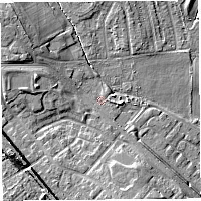 Shaded relief map of the ground around L251QD, computed from Environment Agency LiDAR. The ground here sits at about 22 m above sea level and falls 14 m across the surrounding 800 m. Surface water reaching this point runs off ground lying to the east, 1.2 m higher.