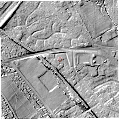 Shaded relief map of the ground around L251QE, computed from Environment Agency LiDAR. The ground here sits at about 26 m above sea level and falls 39 m across the surrounding 800 m. Surface water reaching this point runs off ground lying to the west, 12.9 m higher.