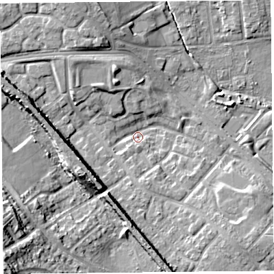 Shaded relief map of the ground around L251QP, computed from Environment Agency LiDAR. The ground here sits at about 23 m above sea level and falls 27 m across the surrounding 800 m. Surface water reaching this point runs off ground lying to the south-west, 23.0 m higher.