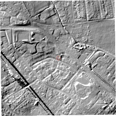 Shaded relief map of the ground around L251QW, computed from Environment Agency LiDAR. The ground here sits at about 23 m above sea level and falls 17 m across the surrounding 800 m. Surface water reaching this point runs off ground lying to the south-west, 13.0 m higher.