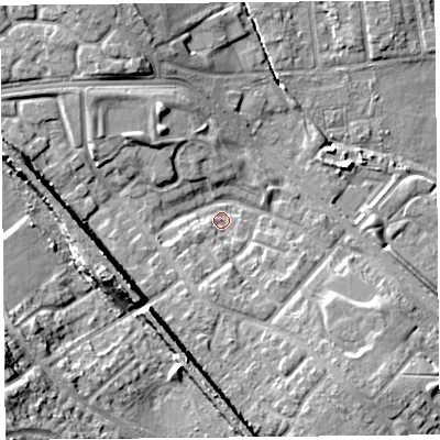 Shaded relief map of the ground around L251RA, computed from Environment Agency LiDAR. The ground here sits at about 23 m above sea level and falls 23 m across the surrounding 800 m. Surface water reaching this point runs off ground lying to the south, 3.9 m higher.