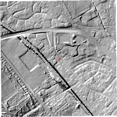 Shaded relief map of the ground around L251RD, computed from Environment Agency LiDAR. The ground here sits at about 24 m above sea level and falls 38 m across the surrounding 800 m. Surface water reaching this point runs off ground lying to the south-west, 34.3 m higher.