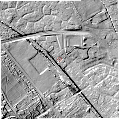Shaded relief map of the ground around L251RF, computed from Environment Agency LiDAR. The ground here sits at about 25 m above sea level and falls 42 m across the surrounding 800 m. Surface water reaching this point runs off ground lying to the west-north-west, 9.4 m higher.