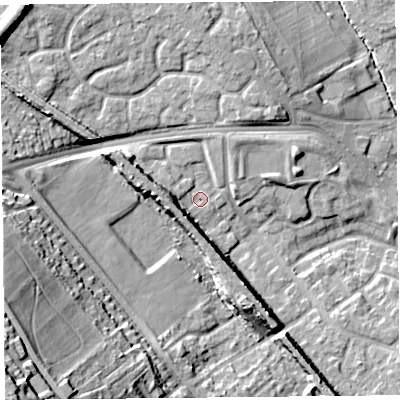Shaded relief map of the ground around L251RG, computed from Environment Agency LiDAR. The ground here sits at about 25 m above sea level and falls 40 m across the surrounding 800 m. Surface water reaching this point runs off ground lying to the north-west, 10.7 m higher.
