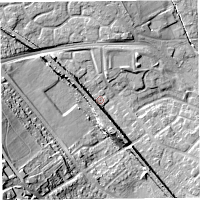 Shaded relief map of the ground around L251RQ, computed from Environment Agency LiDAR. The ground here sits at about 25 m above sea level and falls 42 m across the surrounding 800 m. Surface water reaching this point runs off ground lying to the south-west, 6.8 m higher.