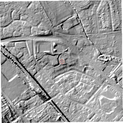 Shaded relief map of the ground around L251RR, computed from Environment Agency LiDAR. The ground here sits at about 24 m above sea level and falls 25 m across the surrounding 800 m. Surface water reaching this point runs off ground lying to the north-west, 2.2 m higher.