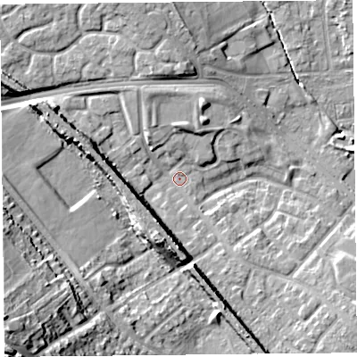 Shaded relief map of the ground around L251RS, computed from Environment Agency LiDAR. The ground here sits at about 24 m above sea level and falls 36 m across the surrounding 800 m. Surface water reaching this point runs off ground lying to the west-north-west, 8.8 m higher.