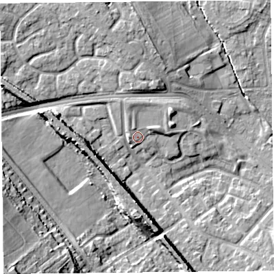 Shaded relief map of the ground around L251RY, computed from Environment Agency LiDAR. The ground here sits at about 26 m above sea level and falls 33 m across the surrounding 800 m. Surface water reaching this point runs off ground lying to the north, 2.2 m higher.