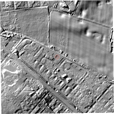 Shaded relief map of the ground around L252XP, computed from Environment Agency LiDAR. The ground here sits at about 20 m above sea level and falls 12 m across the surrounding 800 m. Surface water reaching this point runs off ground lying to the west-north-west, 1.3 m higher.