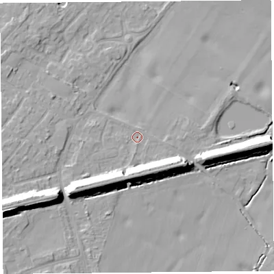 Shaded relief map of the ground around L262XA, computed from Environment Agency LiDAR. The ground here sits at about 10 m above sea level and falls 16 m across the surrounding 800 m. Surface water reaching this point runs off ground lying to the south, 11.0 m higher.