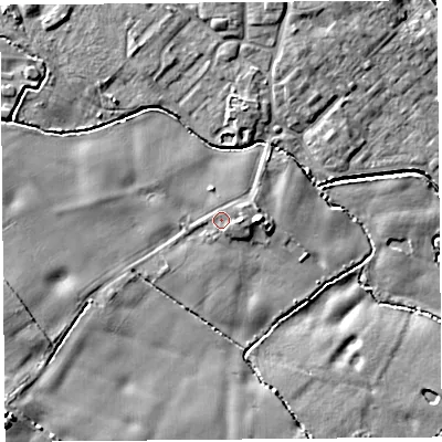 Shaded relief map of the ground around L264XA, computed from Environment Agency LiDAR. The ground here sits at about 12 m above sea level and falls 9 m across the surrounding 800 m. Surface water reaching this point runs off ground lying to the east, 1.8 m higher.