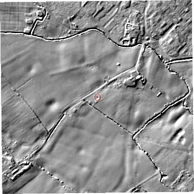 Shaded relief map of the ground around L264XF, computed from Environment Agency LiDAR. The ground here sits at about 11 m above sea level and falls 10 m across the surrounding 800 m. Surface water reaching this point runs off ground lying to the east-north-east, 1.8 m higher.