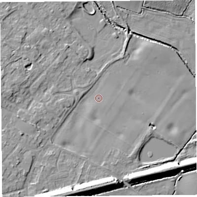 Shaded relief map of the ground around L266AL, computed from Environment Agency LiDAR. The ground here sits at about 8 m above sea level and falls 16 m across the surrounding 800 m. Surface water reaching this point runs off ground lying to the south, 2.1 m higher.
