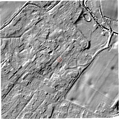 Shaded relief map of the ground around L266BA, computed from Environment Agency LiDAR. The ground here sits at about 10 m above sea level and falls 11 m across the surrounding 800 m. Surface water reaching this point runs off ground lying to the west, 1.9 m higher.