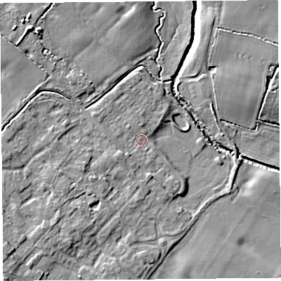 Shaded relief map of the ground around L266BJ, computed from Environment Agency LiDAR. The ground here sits at about 9 m above sea level and falls 8 m across the surrounding 800 m. Surface water reaching this point runs off ground lying to the north-west, 1.0 m higher.
