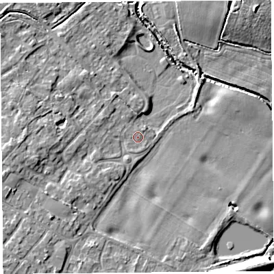 Shaded relief map of the ground around L266BL, computed from Environment Agency LiDAR. The ground here sits at about 8 m above sea level and falls 14 m across the surrounding 800 m. Surface water reaching this point runs off ground lying to the south-west, 4.2 m higher.