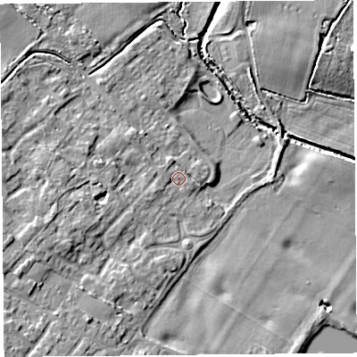 Shaded relief map of the ground around L266BN, computed from Environment Agency LiDAR. The ground here sits at about 9 m above sea level and falls 8 m across the surrounding 800 m. Surface water reaching this point runs off ground lying to the west-south-west, 3.4 m higher.