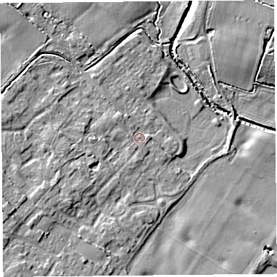 Shaded relief map of the ground around L266BQ, computed from Environment Agency LiDAR. The ground here sits at about 9 m above sea level and falls 8 m across the surrounding 800 m. Surface water reaching this point runs off ground lying to the north-west, 1.4 m higher.