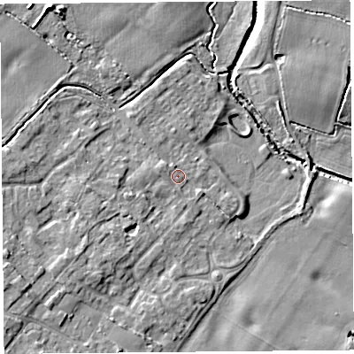 Shaded relief map of the ground around L266BR, computed from Environment Agency LiDAR. The ground here sits at about 9 m above sea level and falls 8 m across the surrounding 800 m. Surface water reaching this point runs off ground lying to the west-north-west, 1.4 m higher.
